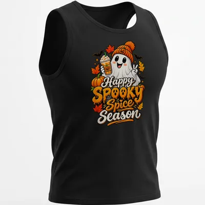Colorful cartoon ghost with pumpkin spice drink and text for Halloween. — printed on a tank top