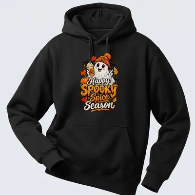 Colorful cartoon ghost with pumpkin spice drink and text for Halloween. — printed on a unisex hoodie