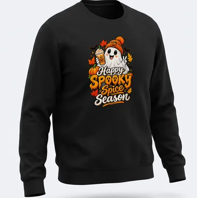 Colorful cartoon ghost with pumpkin spice drink and text for Halloween. — printed on a unisex sweatshirt