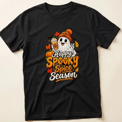 Colorful cartoon ghost with pumpkin spice drink and text for Halloween.