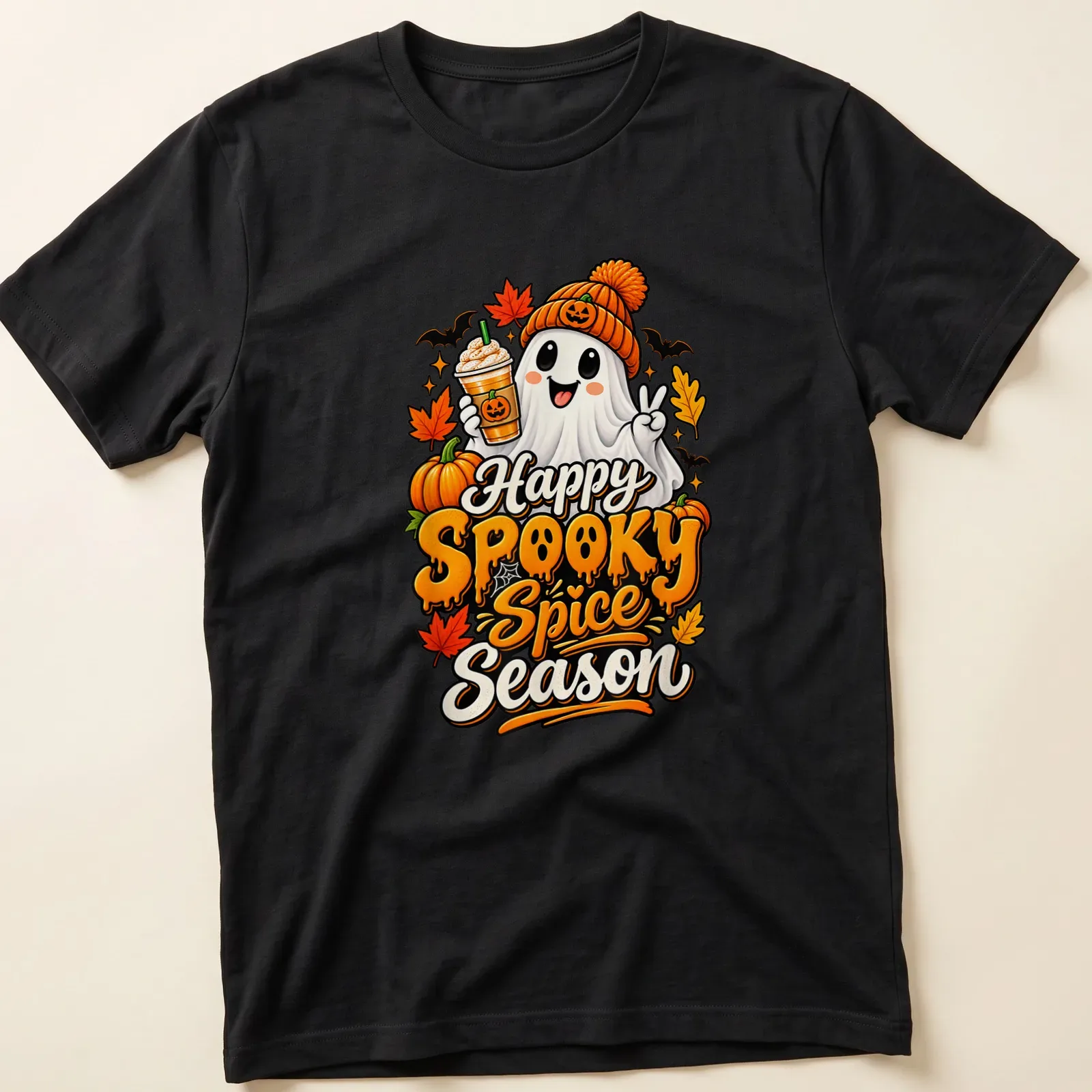 Colorful cartoon ghost with pumpkin spice drink and text for Halloween. — printed on a unisex t-shirt