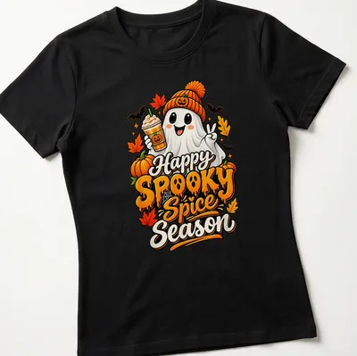 Colorful cartoon ghost with pumpkin spice drink and text for Halloween. — printed on a women's shirt