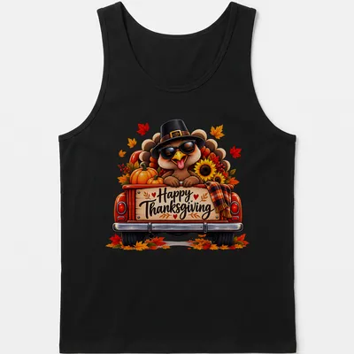 Colorful cartoon turkey in a vintage truck with Happy Thanksgiving text above. — printed on a tank top