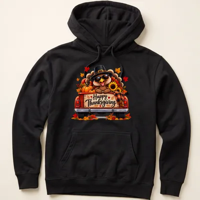 Colorful cartoon turkey in a vintage truck with Happy Thanksgiving text above. — printed on a unisex hoodie