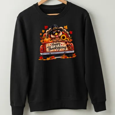 Colorful cartoon turkey in a vintage truck with Happy Thanksgiving text above. — printed on a unisex sweatshirt