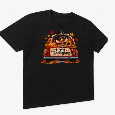 Colorful cartoon turkey in a vintage truck with Happy Thanksgiving text above. — printed on a unisex t-shirt (angled view)