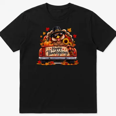 Colorful cartoon turkey in a vintage truck with Happy Thanksgiving text above.