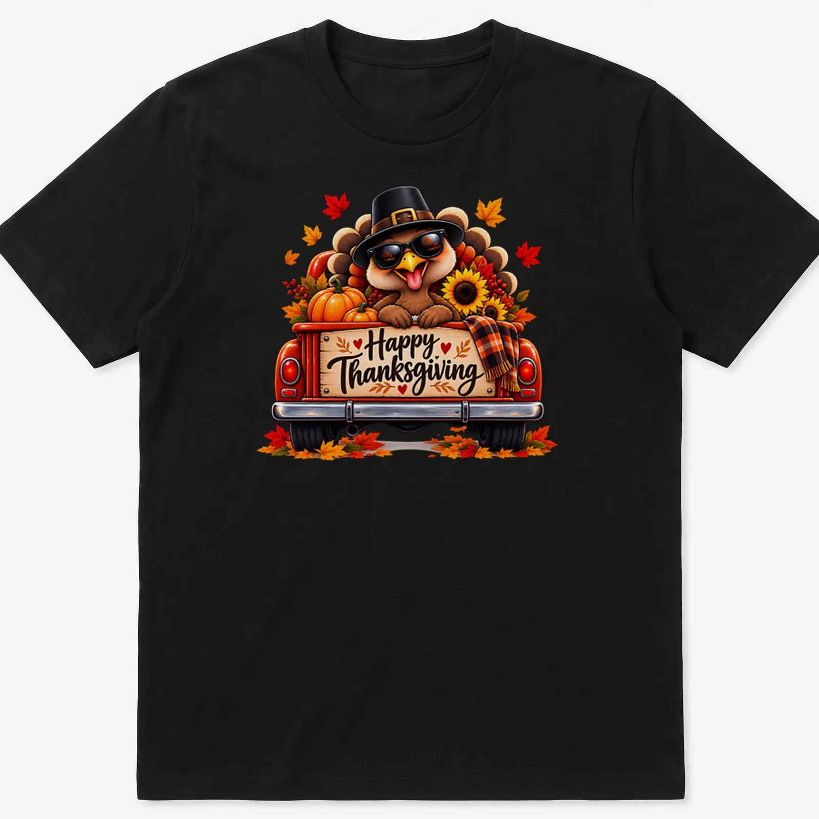 Colorful cartoon turkey in a vintage truck with Happy Thanksgiving text above. — printed on a unisex t-shirt