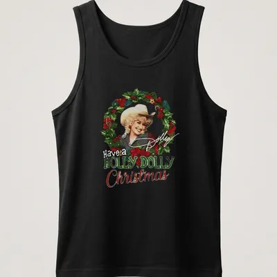 Festive illustration of Dolly Parton with the text Have a HOLLY DOLLY Christmas in green, red, white, and gold — printed on a tank top