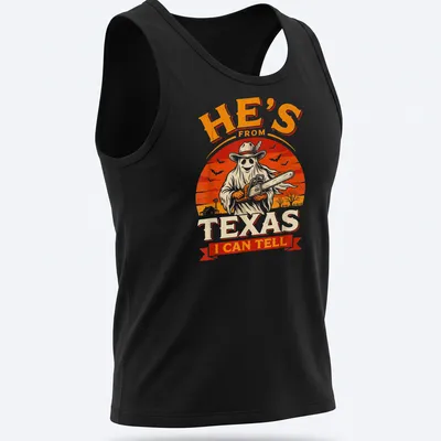 Vintage horror shirt with chainsaw ghost and Texan phrase in bold text — printed on a tank top