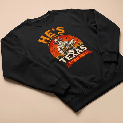 Vintage horror shirt with chainsaw ghost and Texan phrase in bold text — printed on a unisex sweatshirt