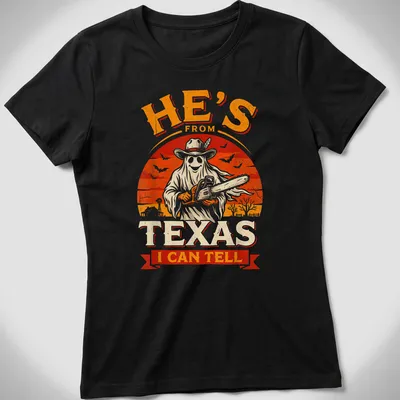 Vintage horror shirt with chainsaw ghost and Texan phrase in bold text — printed on a women's shirt