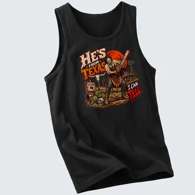 Horror illustration featuring a chainsaw-wielding character with dark lettering — printed on a tank top