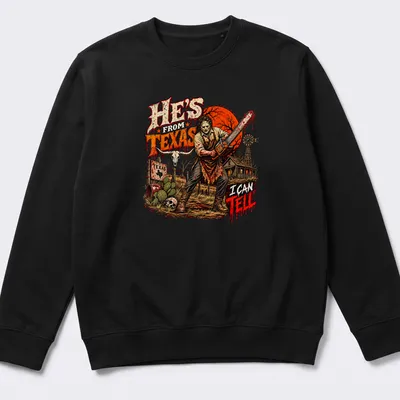 Horror illustration featuring a chainsaw-wielding character with dark lettering — printed on a unisex sweatshirt