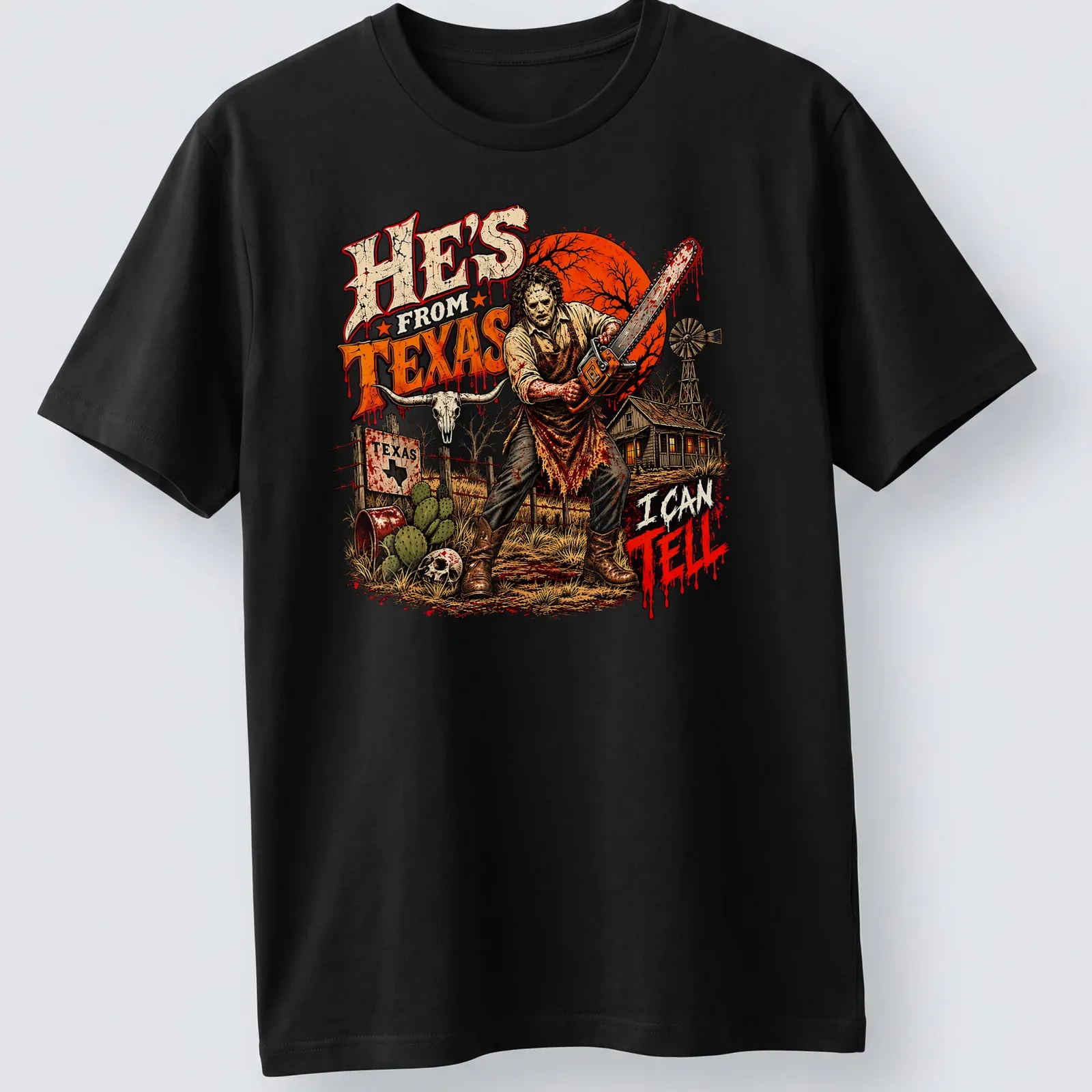 Horror illustration featuring a chainsaw-wielding character with dark lettering — printed on a unisex t-shirt