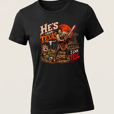 Horror illustration featuring a chainsaw-wielding character with dark lettering — printed on a women's shirt