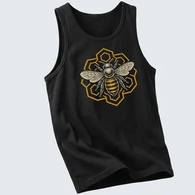 Heraldic honeybee graphic with geometric patterns in gold, black, and white — printed on a tank top