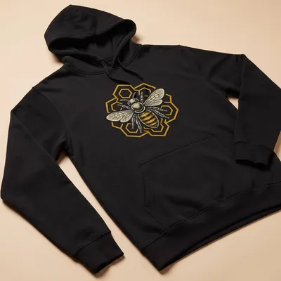 Heraldic honeybee graphic with geometric patterns in gold, black, and white — printed on a unisex hoodie