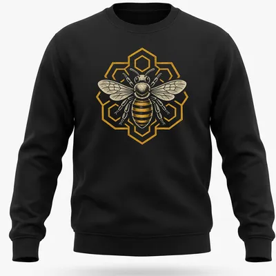 Heraldic honeybee graphic with geometric patterns in gold, black, and white — printed on a unisex sweatshirt