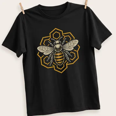 Heraldic honeybee graphic with geometric patterns in gold, black, and white