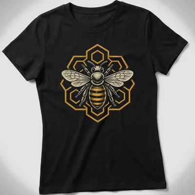 Heraldic honeybee graphic with geometric patterns in gold, black, and white — printed on a women's shirt