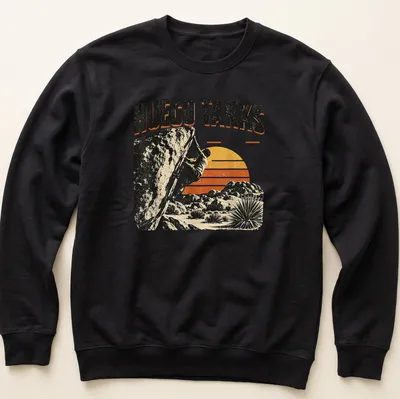 Vintage climbing t-shirt featuring a rock climber and Hueco Tanks State Park text — printed on a unisex sweatshirt