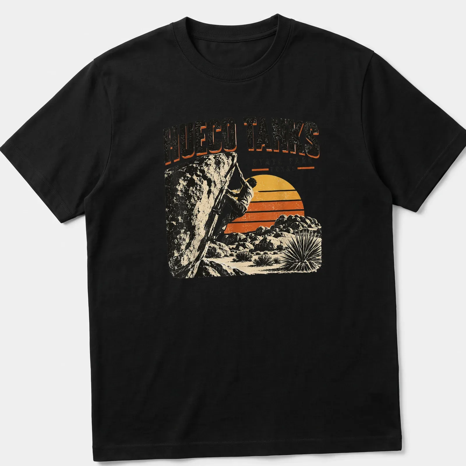 Vintage climbing t-shirt featuring a rock climber and Hueco Tanks State Park text — printed on a unisex t-shirt