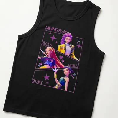Vibrant anime print of Kpop Demon Hunters with character names in bold text. — printed on a tank top