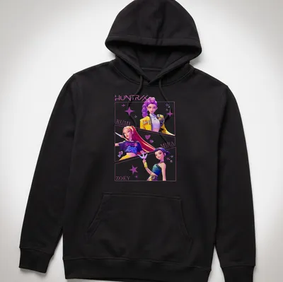 Vibrant anime print of Kpop Demon Hunters with character names in bold text. — printed on a unisex hoodie
