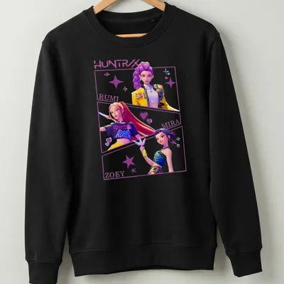 Vibrant anime print of Kpop Demon Hunters with character names in bold text. — printed on a unisex sweatshirt