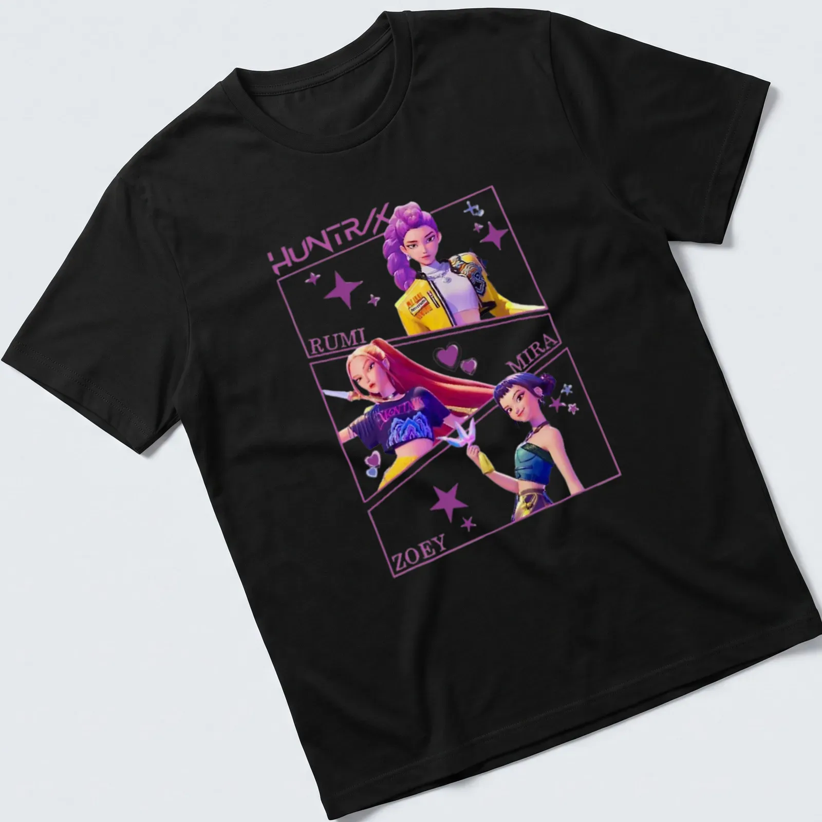Vibrant anime print of Kpop Demon Hunters with character names in bold text. — printed on a unisex t-shirt