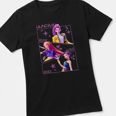 Vibrant anime print of Kpop Demon Hunters with character names in bold text. — printed on a women's shirt