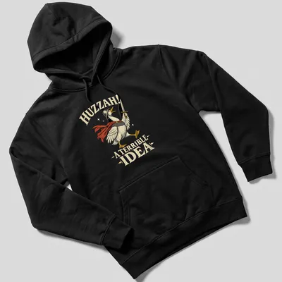 Vintage illustration of a medieval goose knight with text Huzzah! A Terrible Idea — printed on a unisex hoodie