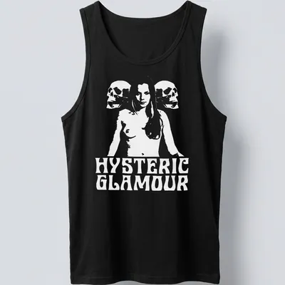 Outline illustration of a woman with skulls; HYSTERIC GLAMOUR printed above in black and white — printed on a tank top