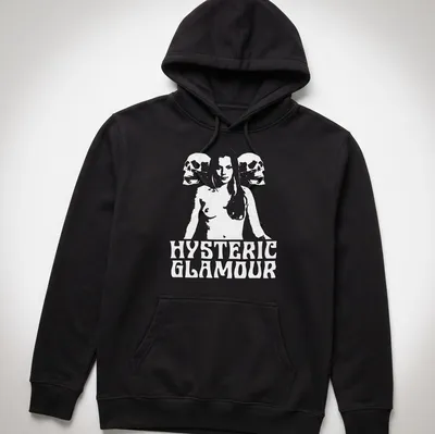Outline illustration of a woman with skulls; HYSTERIC GLAMOUR printed above in black and white — printed on a unisex hoodie