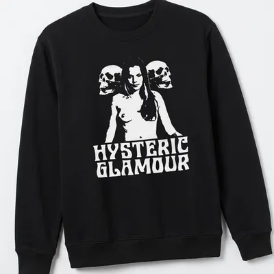 Outline illustration of a woman with skulls; HYSTERIC GLAMOUR printed above in black and white — printed on a unisex sweatshirt