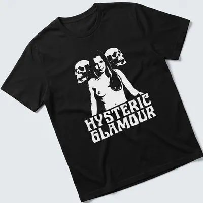 Outline illustration of a woman with skulls; HYSTERIC GLAMOUR printed above in black and white