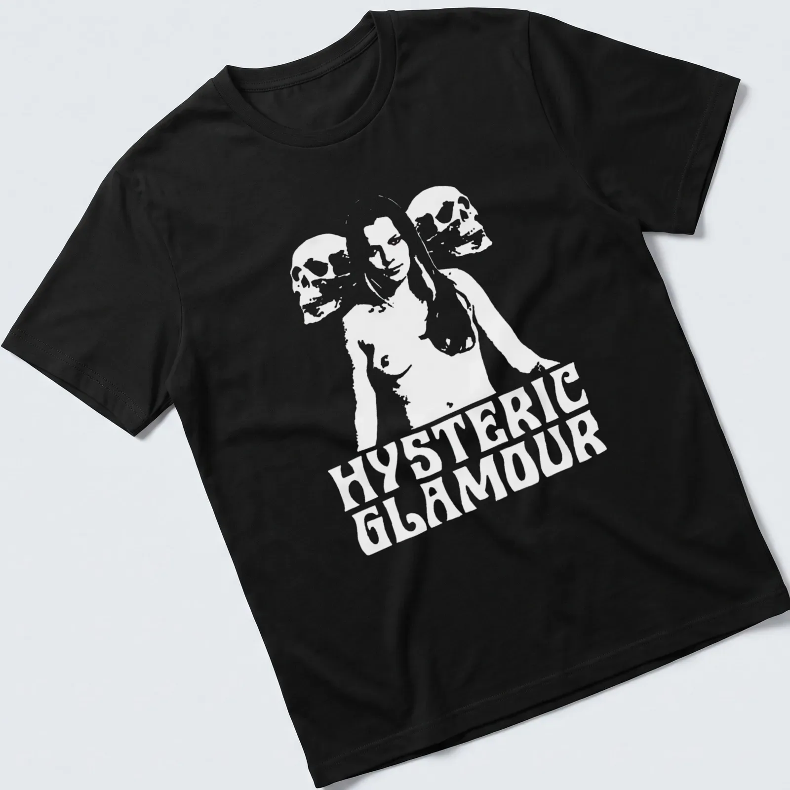 Outline illustration of a woman with skulls; HYSTERIC GLAMOUR printed above in black and white — printed on a unisex t-shirt