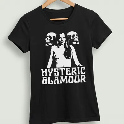 Outline illustration of a woman with skulls; HYSTERIC GLAMOUR printed above in black and white — printed on a women's shirt