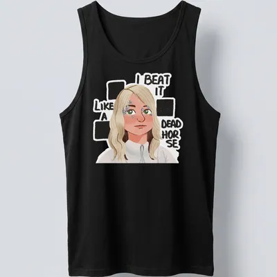 Cartoon figure with blonde hair and humorous text about beating a dead horse — printed on a tank top