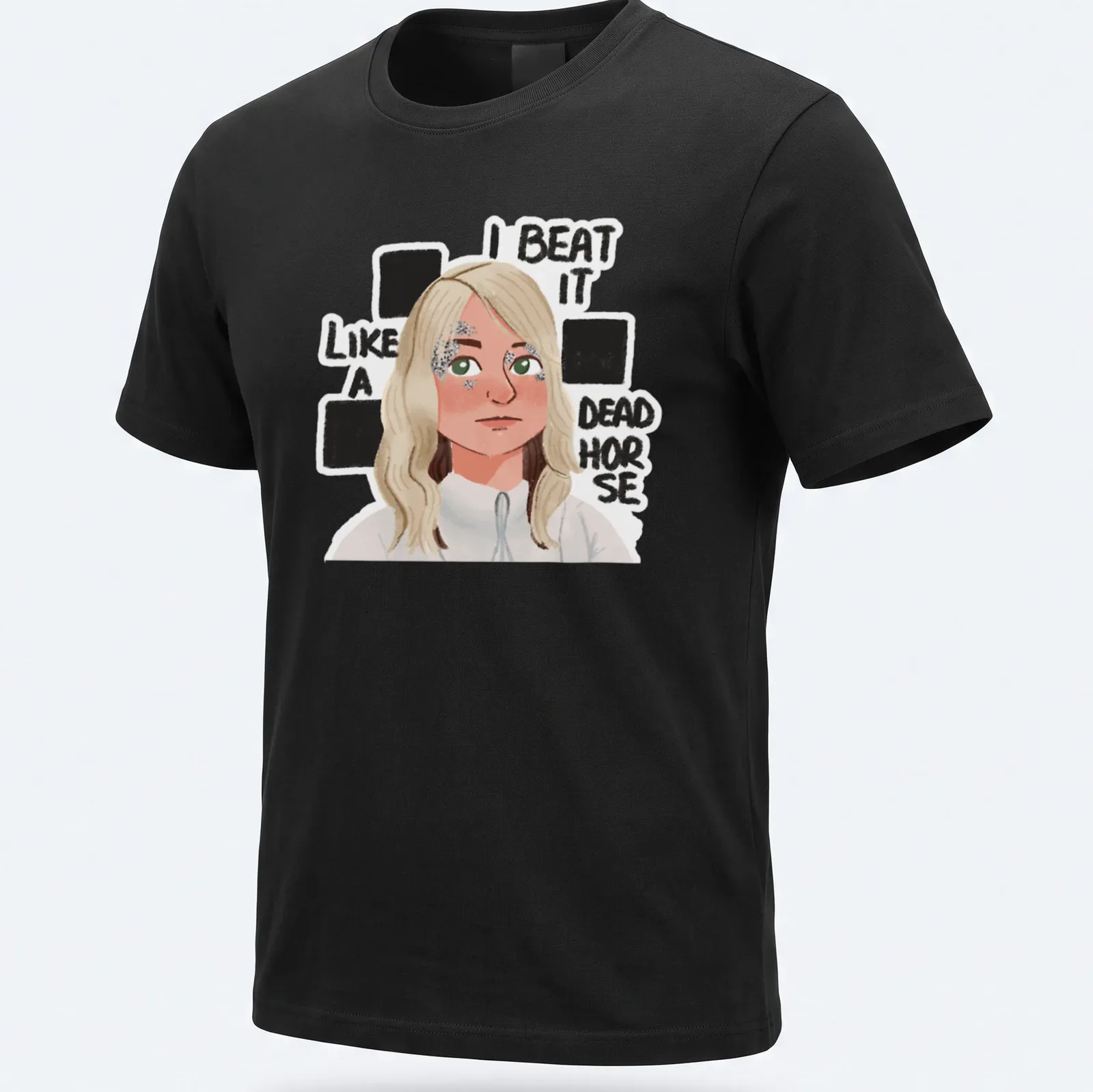 Cartoon figure with blonde hair and humorous text about beating a dead horse — printed on a unisex t-shirt