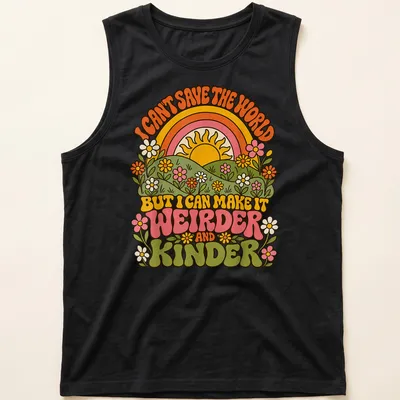 Retro 70s t-shirt with colorful sunrise and flowers surrounding humorous text — printed on a tank top
