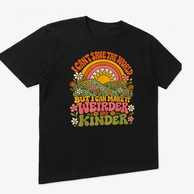 Retro 70s t-shirt with colorful sunrise and flowers surrounding humorous text — printed on a unisex t-shirt (angled view)
