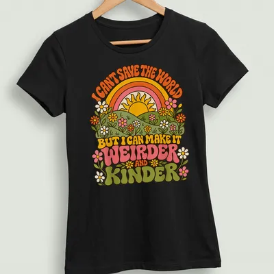 Retro 70s t-shirt with colorful sunrise and flowers surrounding humorous text — printed on a women's shirt