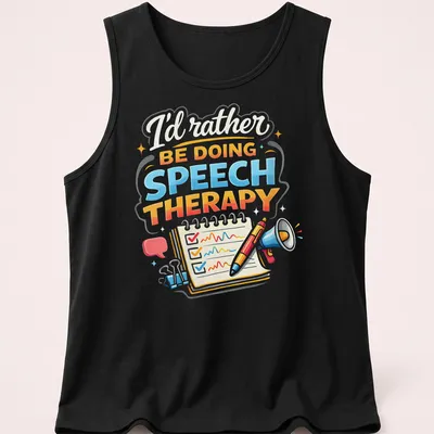 Colorful illustration of speech therapy tools with text above — printed on a tank top