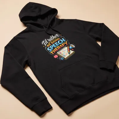 Colorful illustration of speech therapy tools with text above — printed on a unisex hoodie