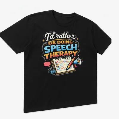 Colorful illustration of speech therapy tools with text above — printed on a unisex t-shirt (angled view)