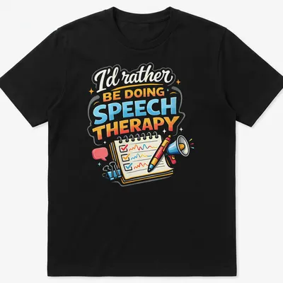 Colorful illustration of speech therapy tools with text above