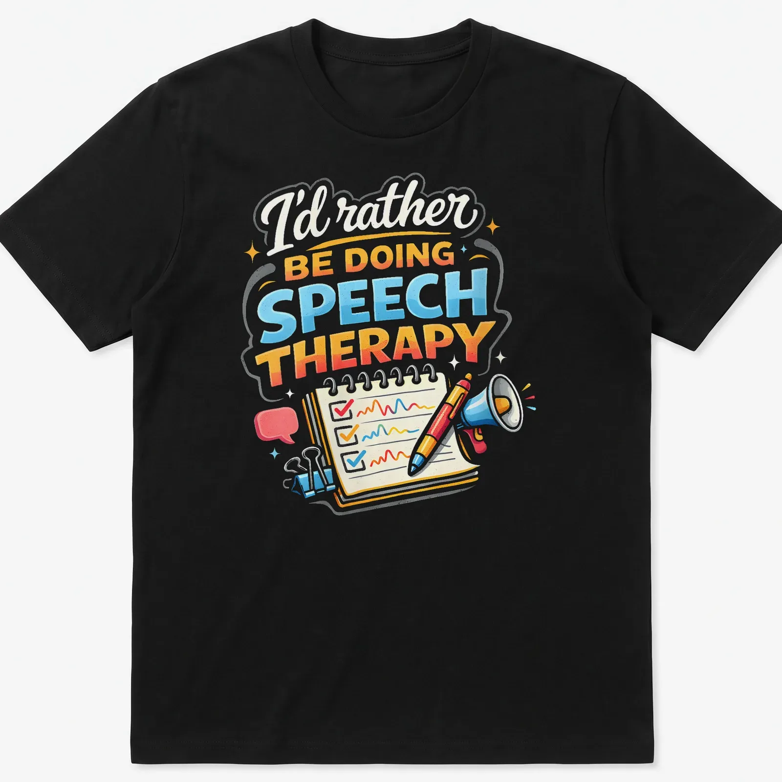 Colorful illustration of speech therapy tools with text above — printed on a unisex t-shirt