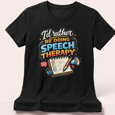 Colorful illustration of speech therapy tools with text above — printed on a women's shirt